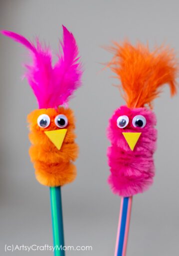 Pipe cleaners that are bent around a pencil and decorated to look like birds.