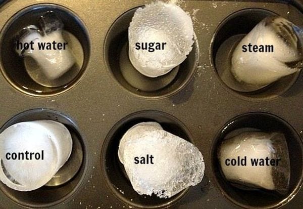 Muffin tin filled with frozen ice, each labeled with a different melting agent
