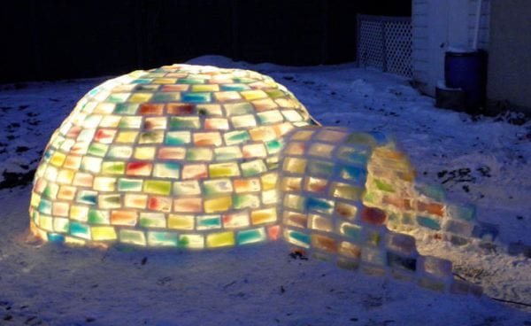 Igloo built from blocks of ice and lighted from the inside