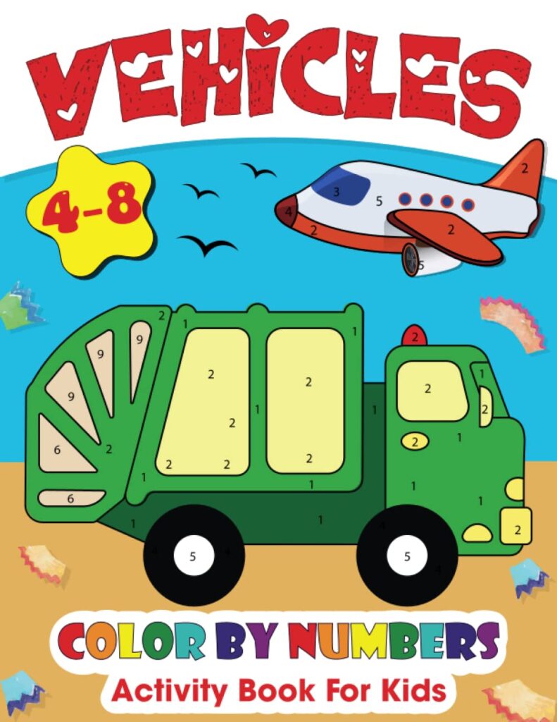 A book says color by numbers and has a picture of an airplane and truck on it.