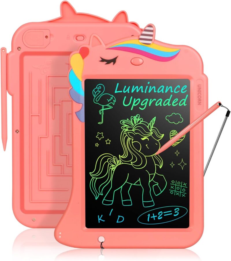 A pink unicorn board has a black screen and a writing utensil attached.
