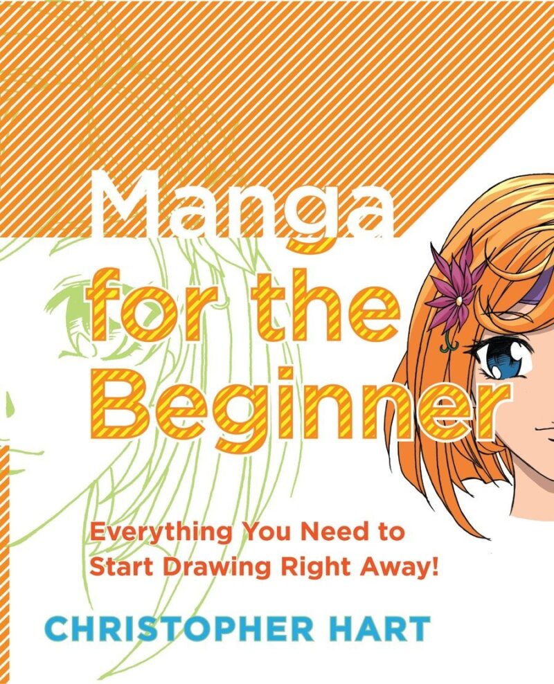 A book cover says Manga for the Beginner and has a half drawing of a cartoon girl's face on it.