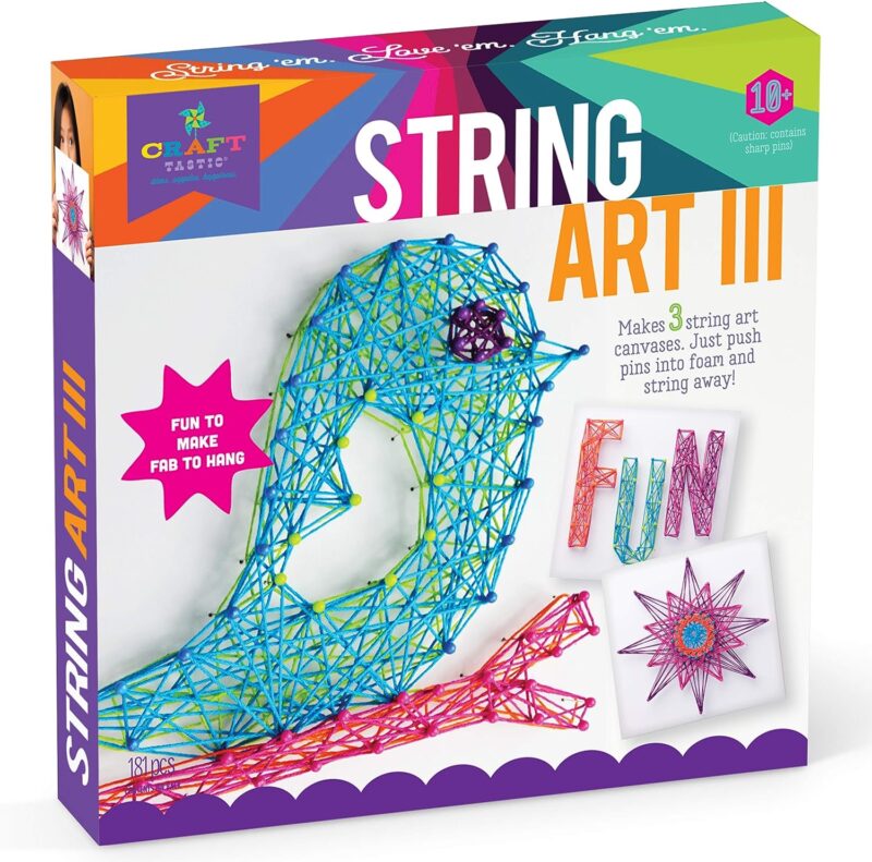 Art gifts for kids include this box that says String Art Fun on it and has a bird sitting on a branch that is created from string.