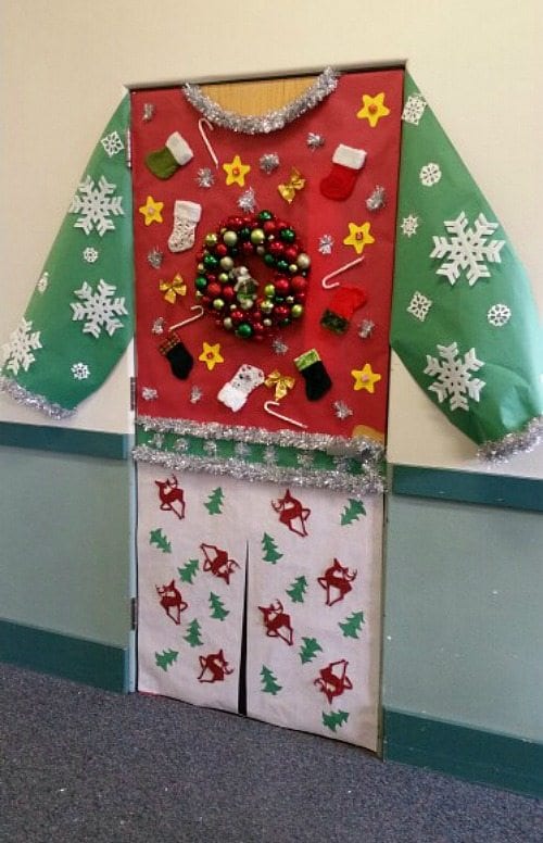 A door is decorated to look like an ugly sweater.