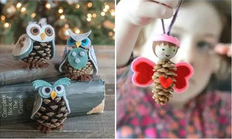 A collage of 4 adorable pine cone crafts 