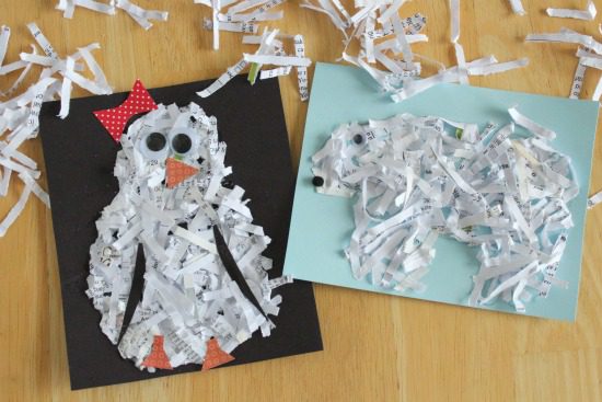Winter animal pictures made on construction paper with shredded paper on top
