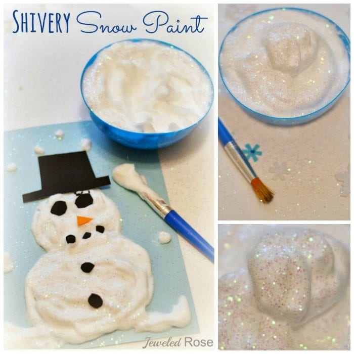 A student art project using glue and shaving cream to create snowmen