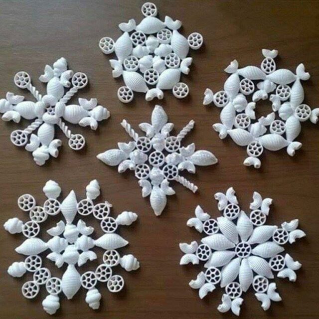 Snowflake ornaments made from pasta shells
