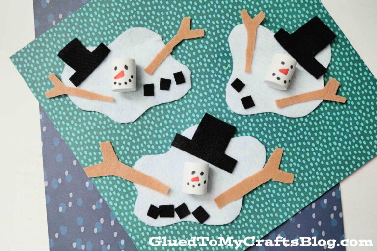 Melting snowmen craft made from felt as an example of classroom winter crafts