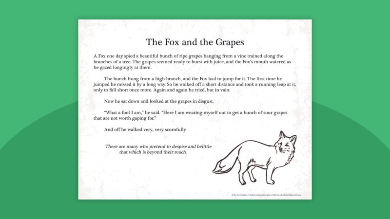 Aesop's Fable The Fox and the Grapes printable with fox illustration on green background.
