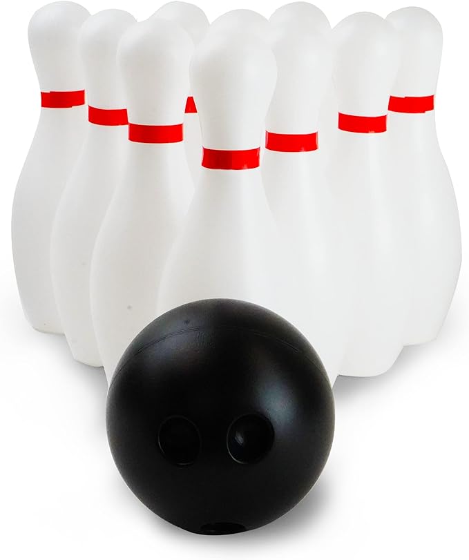 bowling ball and ten pins for a bowling game for friday fun activity 