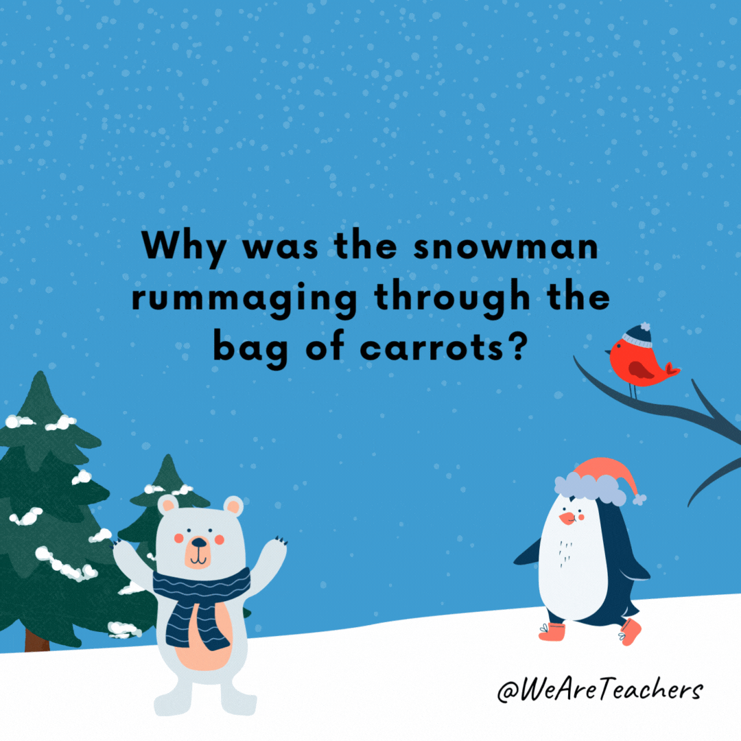 Why was the snowman rummaging through the bag of carrots?- winter jokes