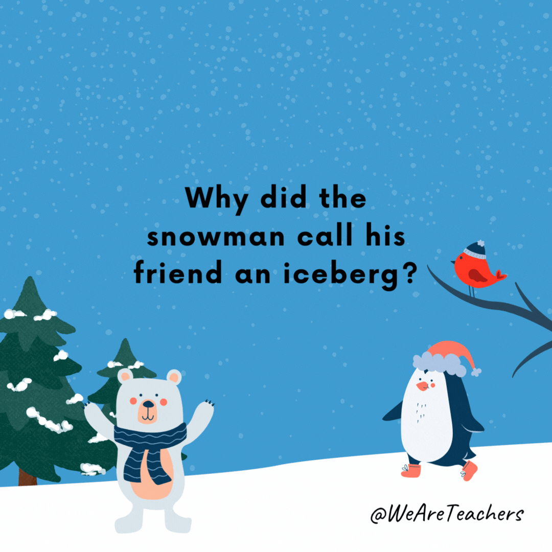 Why did the snowman call his friend an iceberg? 

Because they were a cool bunch!