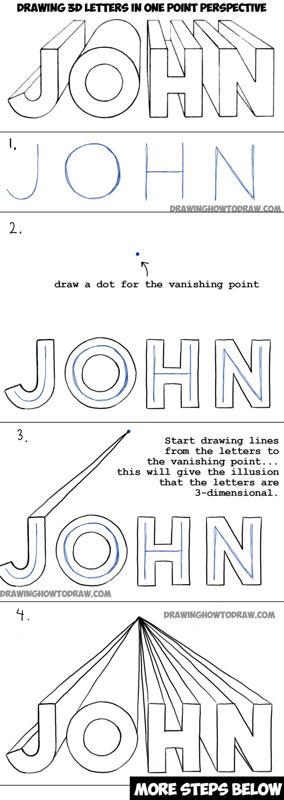 Steps to draw 3-D letters that spell John are shown.