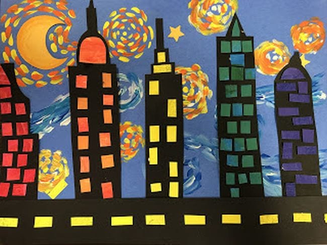 Third grade art projects include this starry night sky in pastels with black construction paper skyscrapers in front 