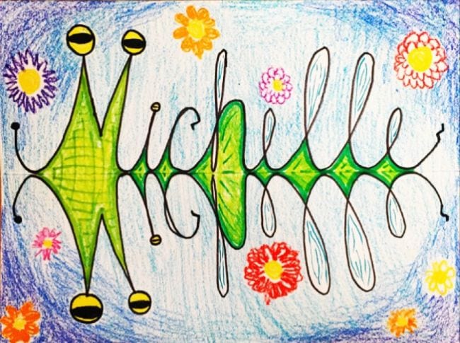 Third Grade Art Projects include this one. The name Michelle written in cursive with a reflected version below, colored to look like a bug