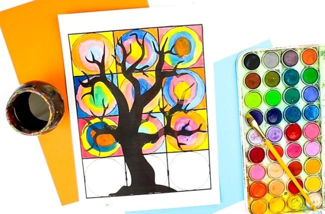 Third grade art projects include this page divided into squares with a tree outline, with colorful circles painted in the squares 
