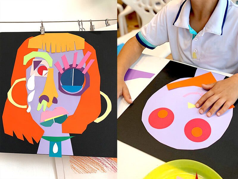 Third grade art projects include this one that is shown. The left image shows a face that has been assembled from different shapes and colored paper for features. The right side shows a child working on their collage 