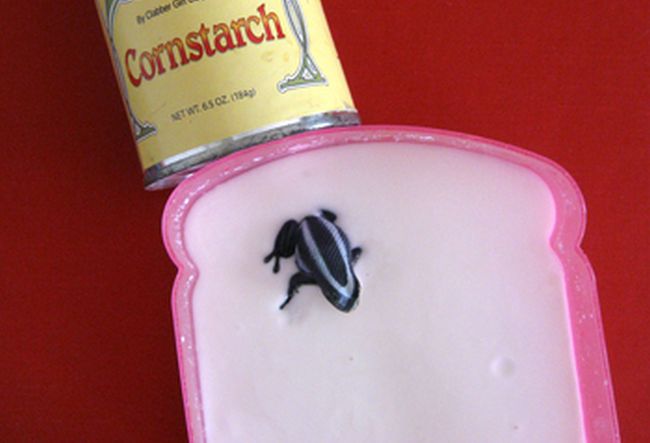 Container of cornstarch mixed with water with a small plastic frog on top, next to a container of cornstarch