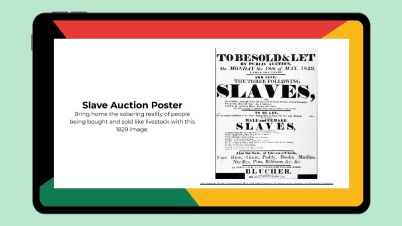 Tablet screen featuring info and image about a slave auction poster.