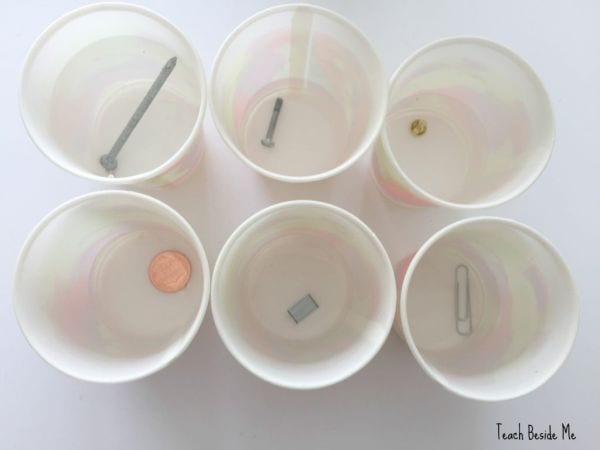 Series of paper cups containing small items like a penny, paper clip, screw, and more
