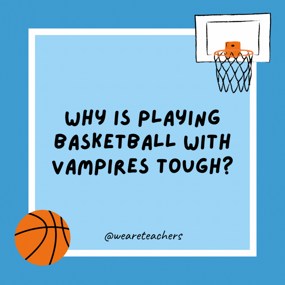 Why is playing basketball with vampires tough?

No blood, no foul!