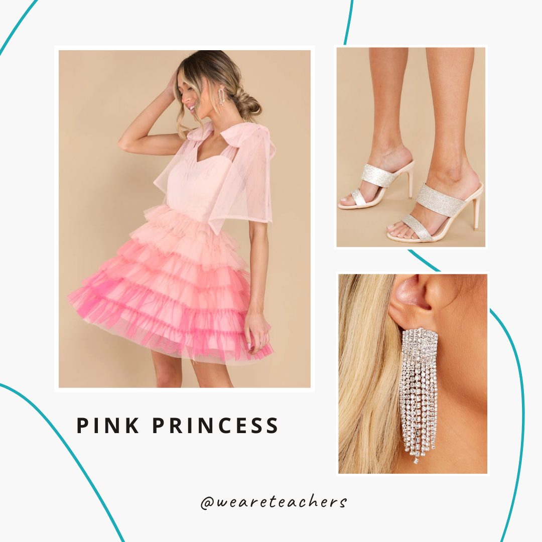 Pink dress, white heels and diamond earrings.