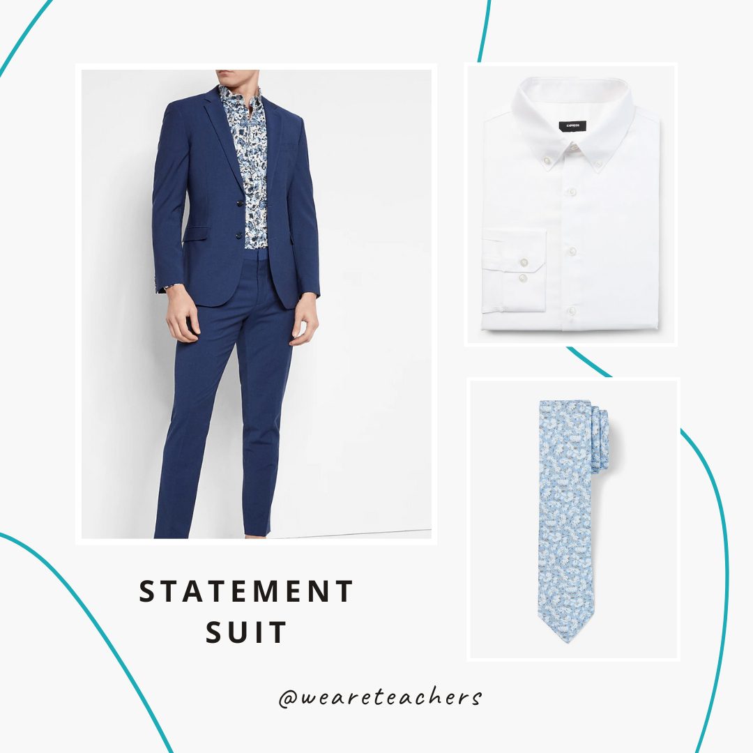 Navy suit, white tailored shirt and a light-blue floral tie.- teacher prom dresses