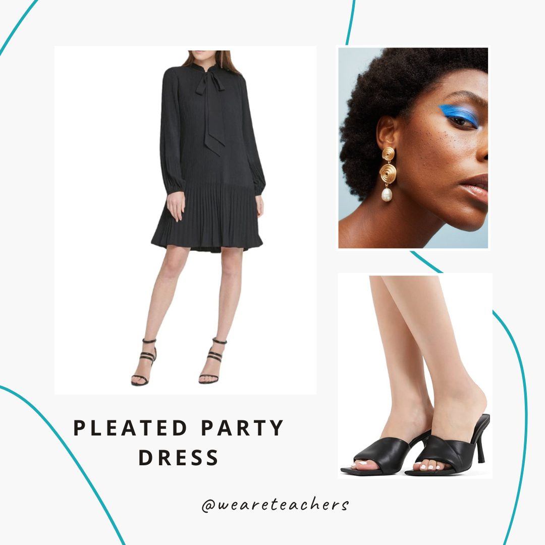 Pleated black dress, dangle earring and black heels.