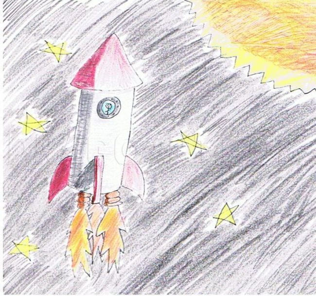 Colored pencil sketch of a rocket in space with stars