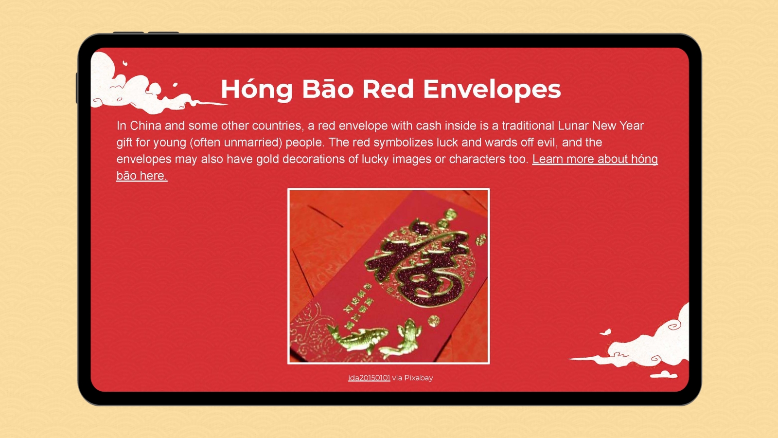 Google slide with image and information about the Lunar New Year Hong Bao Red Envelopes tradition