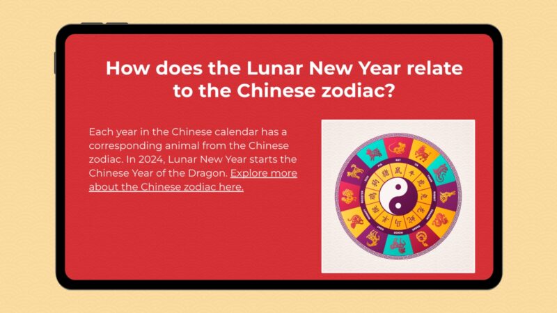Google slide with image and information to answer the question: How Does the Lunar New Year relate to the Chinese zodiac?