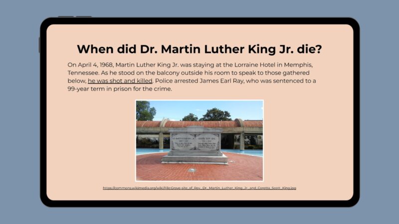 Google slide with photo of MLK's tomb and info about it.