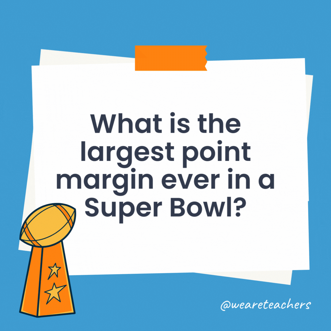 What is the largest point margin ever in a Super Bowl?

The San Francisco 49ers defeated the Denver Broncos by 45 points in Super Bowl XXIV, the largest point margin win in Super Bowl history to date.
