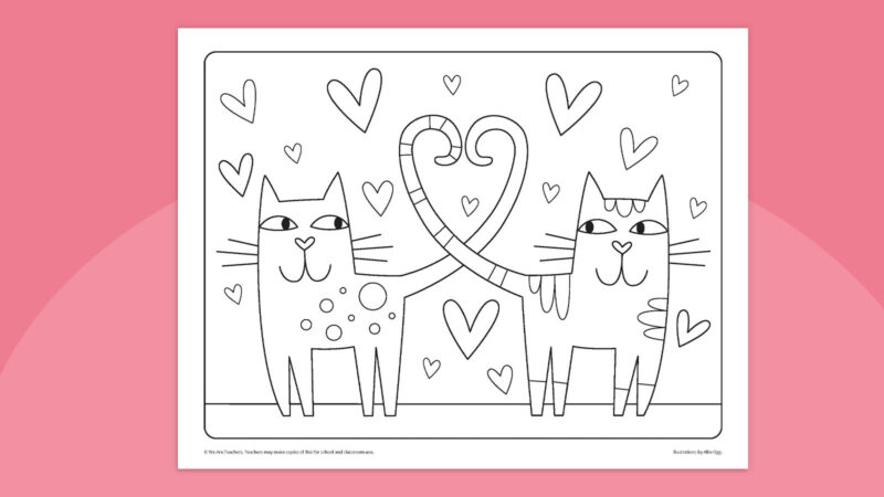 Coloring page featuring two kittens making a heart with their tails