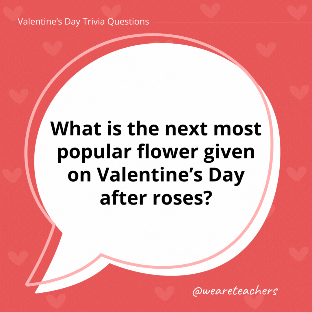 What is the next most popular flower given on Valentine's Day after roses?

The second- and third-most popular Valentine's Day flowers are orchids and carnations.