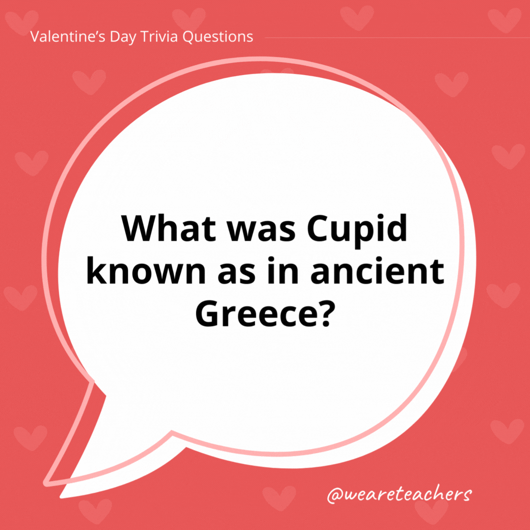 What was Cupid known as in ancient Greece?

In ancient Greece, Cupid was known as Eros, the young son of Aphrodite, the goddess of love and beauty.