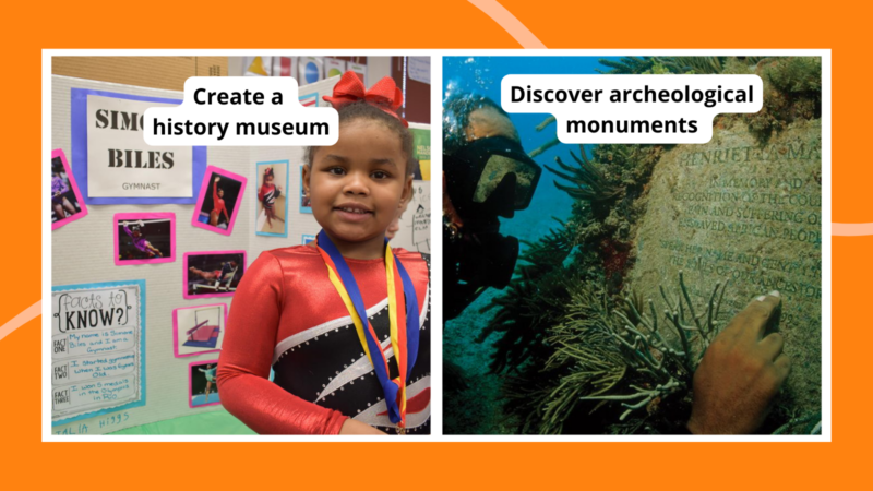 Examples of Black History Month activities including creating a history museum and discovering archaeological monuments