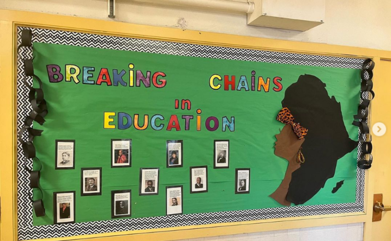 A green background says Breaking Chains in Education. It features paper chains on the sides and photos of famous Black educators.
