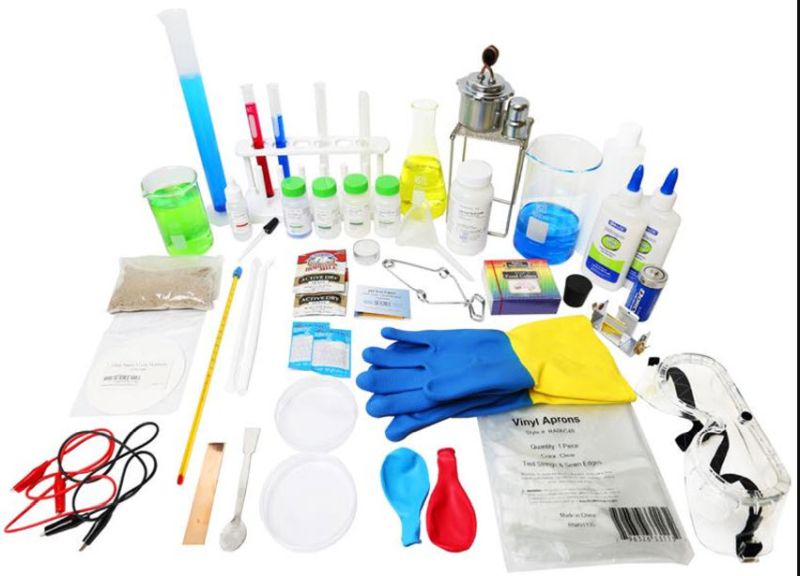 Complete kit for teaching chemistry to middle school students, with bakers, chemicals, and other tools