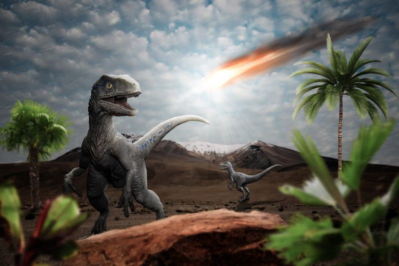Illustration of dinosaurs panicking as a meteor is about to hit the earth