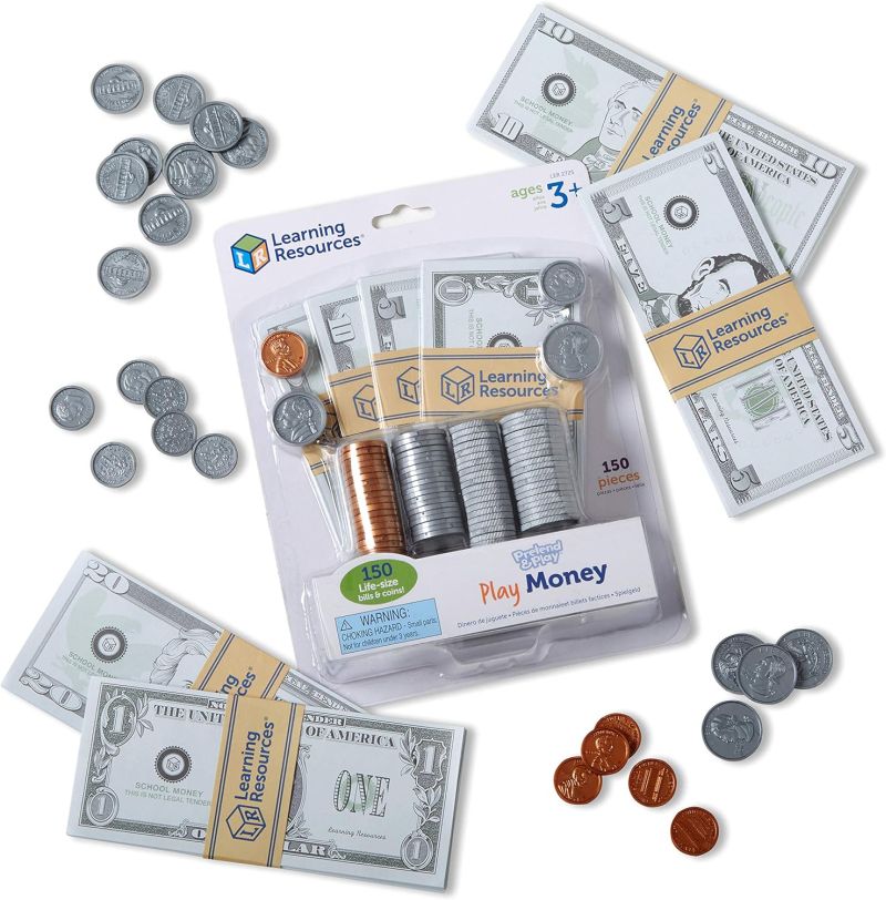 Set of pretend play money with both bills and plastic coins