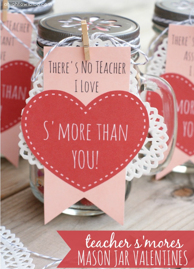 mason jar with s'mores ingredients for a valentines day teacher gift 