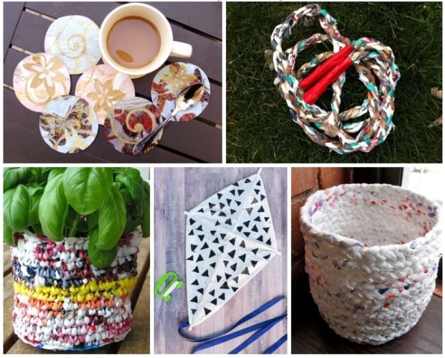 Collage of items made from recycled plastic bags