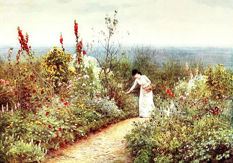 Painting of a woman in old-fashioned clothing walking in a cottage garden