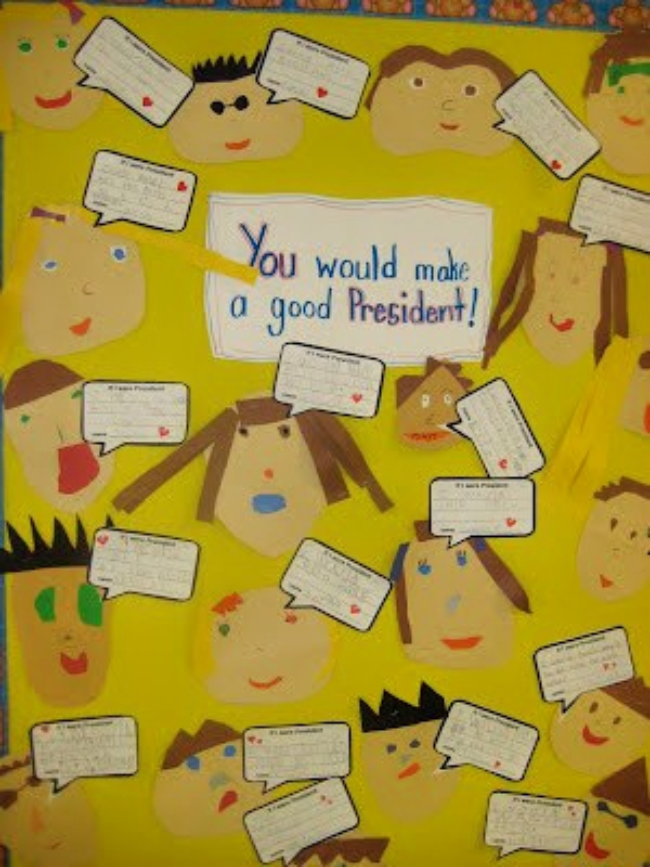 A colorful bulletin board with students' self portraits and responses to the prompt: If I were president...