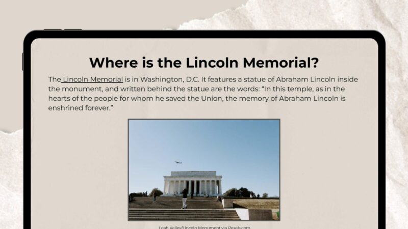 Google Slide with photo and information about the Lincoln Memorial.