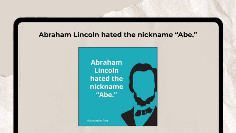 Silhouette of Abraham Lincoln on teal background with text that says Abraham Lincoln hated the nickname Abe.