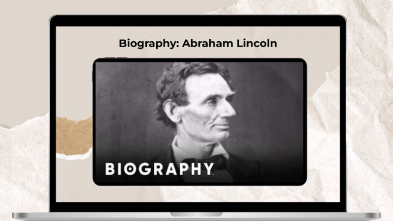 Tablet with Lincoln biography video on screen.