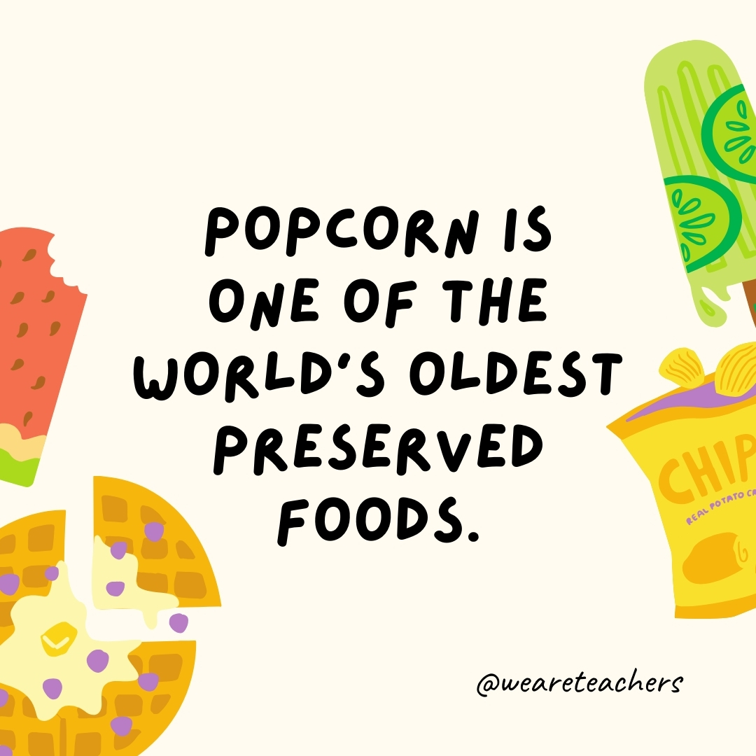 Popcorn is one of the world's oldest preserved foods. This is one of the oldest fun food facts. Archaeologists discovered remnants of popcorn dating back to over 6,700 years ago.- fun food facts